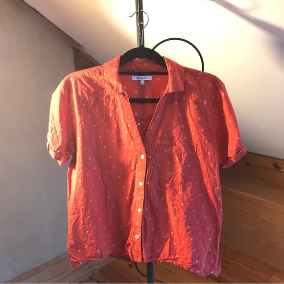 Madewell Orange White Embroidered Short Sleeve Button Down Top, EUC, S - Picture 11 of 12